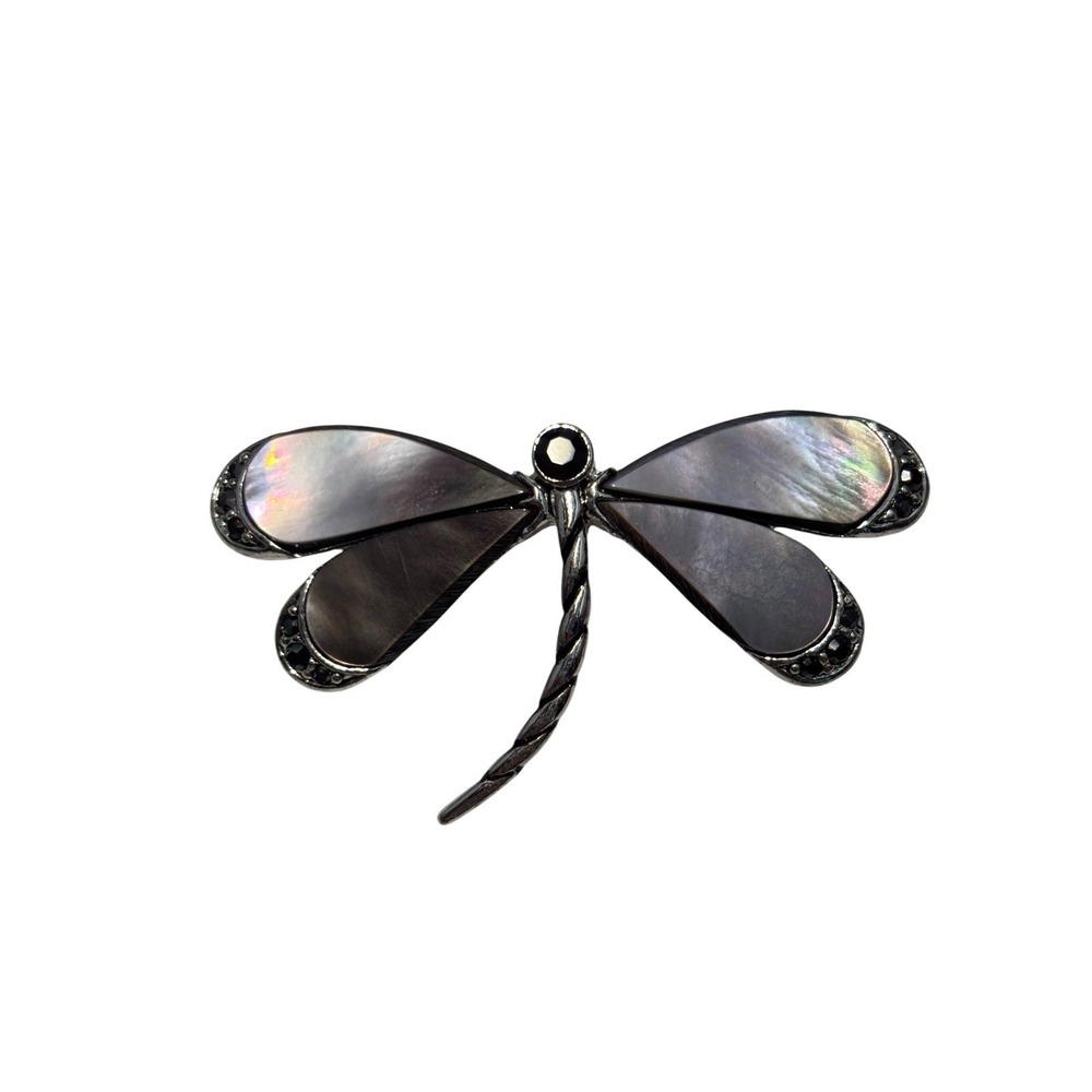 Vintage Monet Silver Tone Rhinestone Mother Of Pearl Wings Dragonfly Brooch Pin